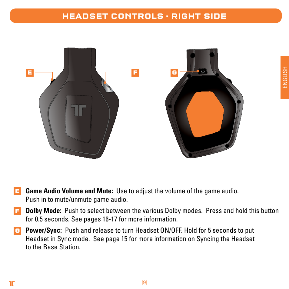 Headset controls - right side, English | Mad Catz TRITTON Warhead 7.1 Wireless Surround Headset  User Manual | Page 9 / 132