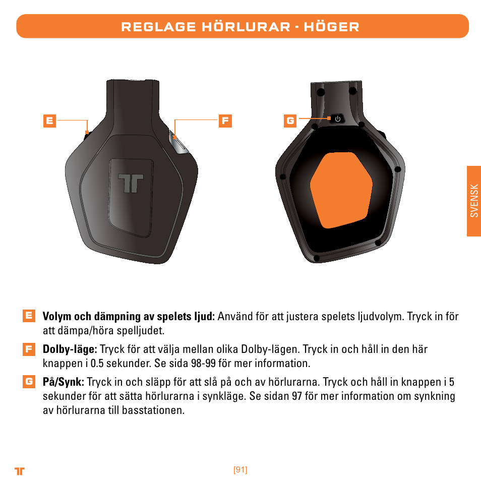 Reglage hörlurar - höger, Svensk | Mad Catz TRITTON Warhead 7.1 Wireless Surround Headset  User Manual | Page 91 / 132