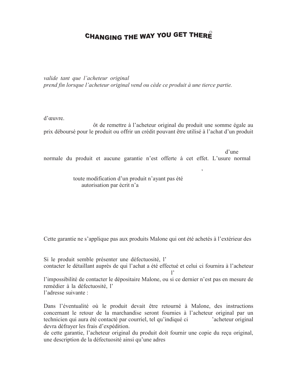 Lifetime warranty #1 (french warranty), Malone | Malone MPG331 User Manual | Page 6 / 7