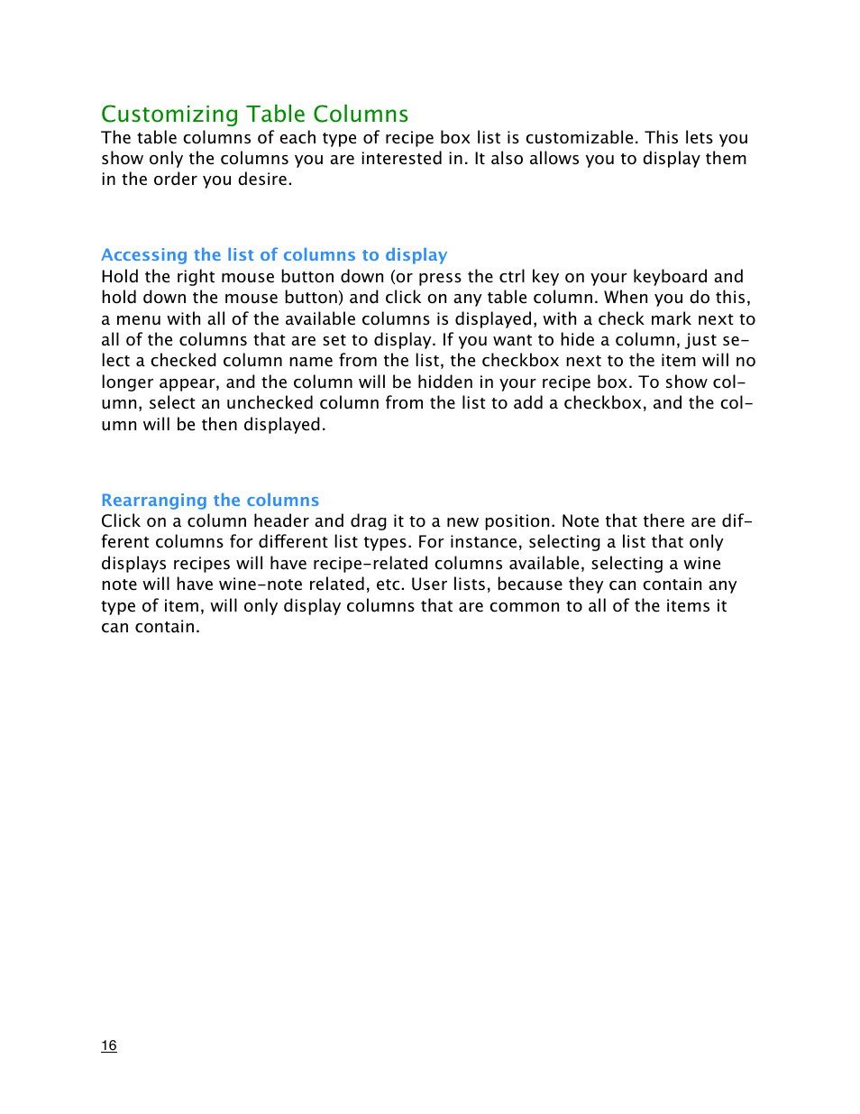 Customizing table columns, Accessing the list of columns to display, Rearranging the columns | Mariner Software MacGourmet Deluxe User Manual | Page 16 / 97