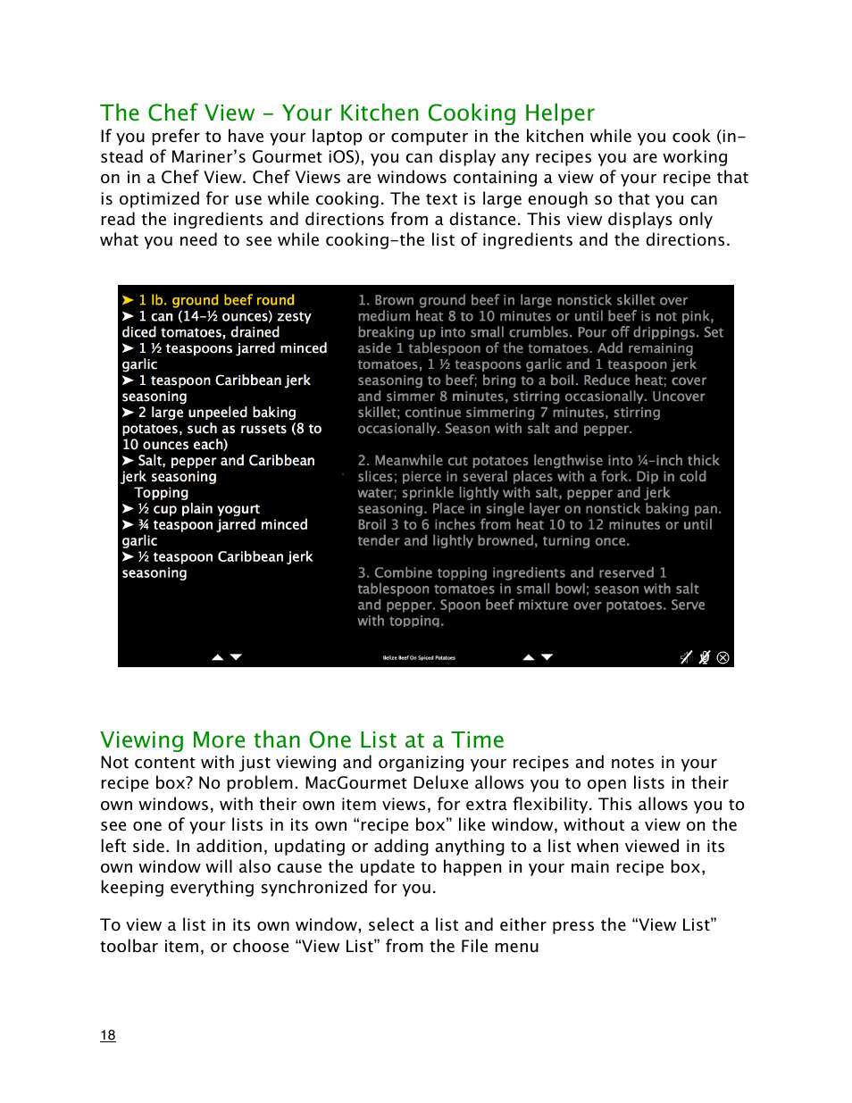 The chef view - your kitchen cooking helper, Viewing more than one list at a time | Mariner Software MacGourmet Deluxe User Manual | Page 18 / 97