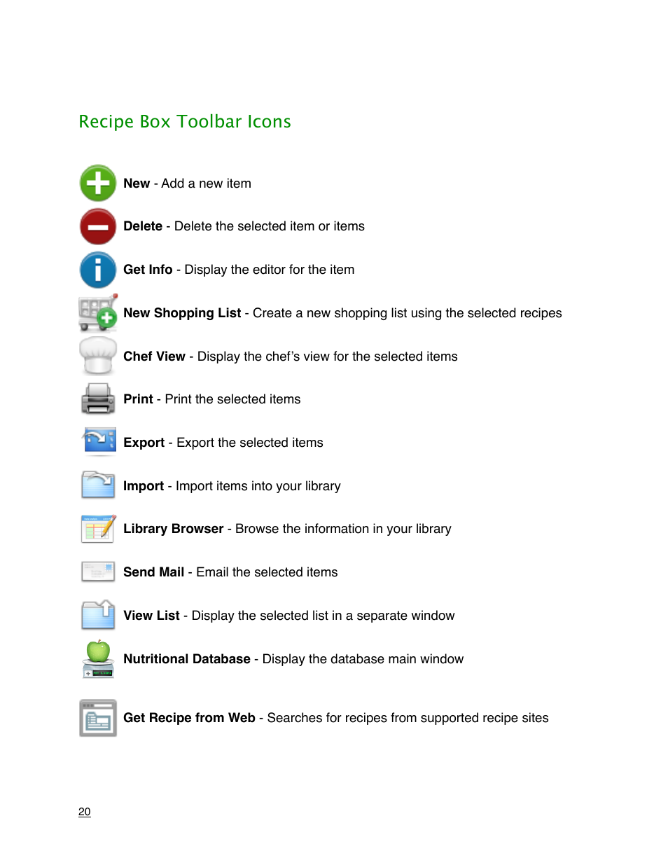 Recipe box toolbar icons | Mariner Software MacGourmet Deluxe User Manual | Page 20 / 97