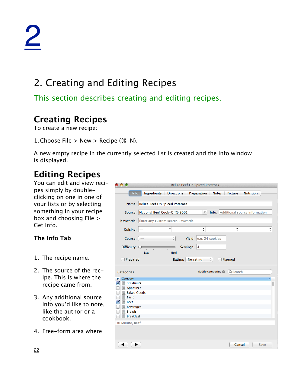 Creating and editing recipes, Creating recipes, Editing recipes | The info tab | Mariner Software MacGourmet Deluxe User Manual | Page 22 / 97