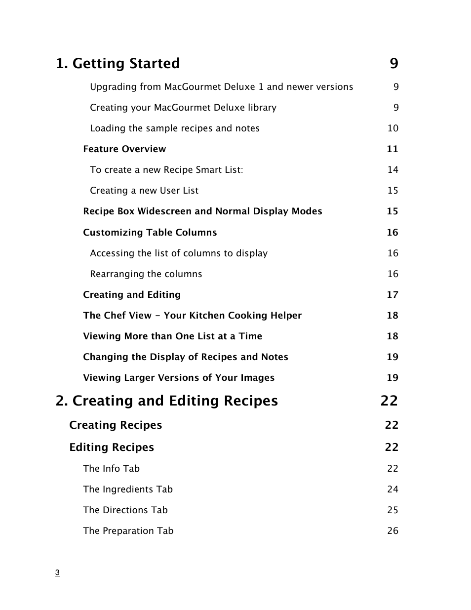 Getting started 9, Creating and editing recipes 22 | Mariner Software MacGourmet Deluxe User Manual | Page 3 / 97