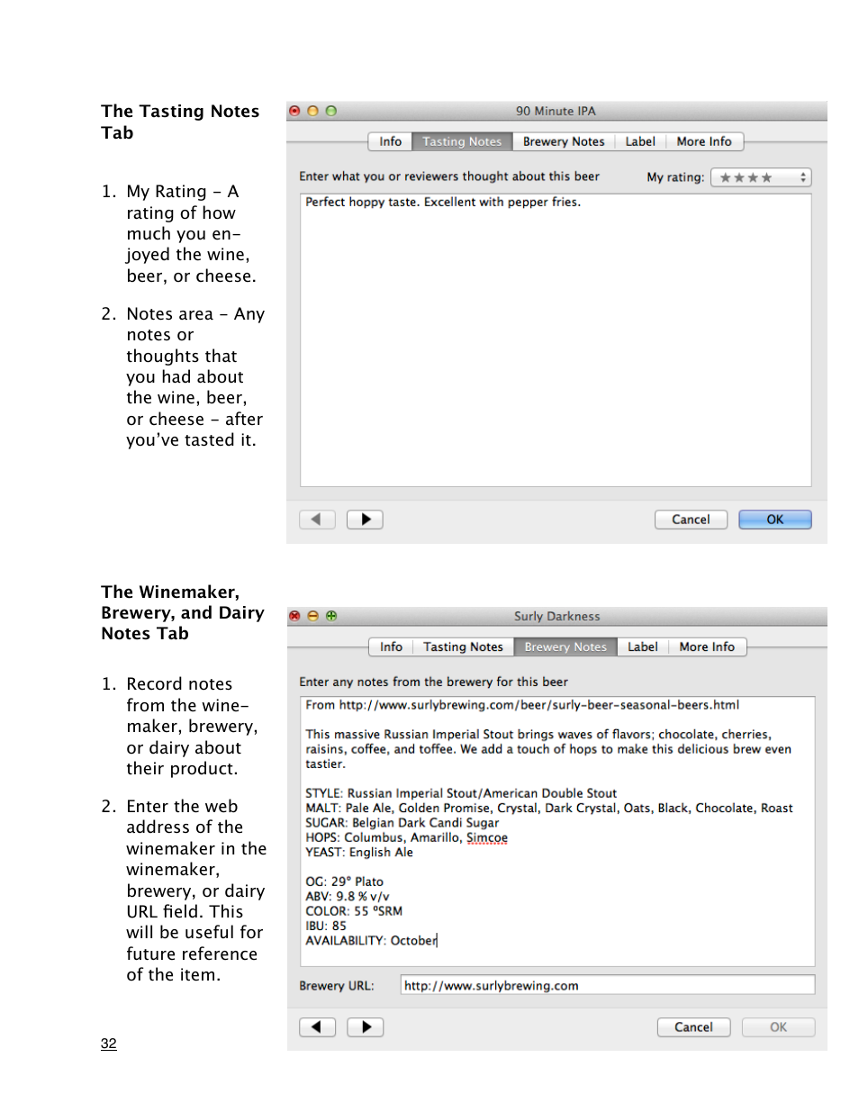 The tasting notes tab, The winemaker, brewery, and dairy notes tab | Mariner Software MacGourmet Deluxe User Manual | Page 32 / 97