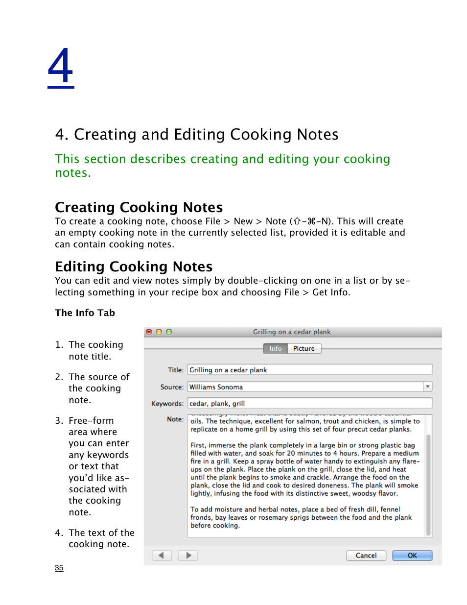 Creating and editing cooking notes, Creating cooking notes, Editing cooking notes | The info tab | Mariner Software MacGourmet Deluxe User Manual | Page 35 / 97