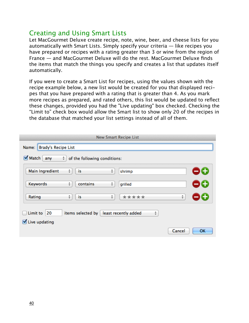 Creating and using smart lists | Mariner Software MacGourmet Deluxe User Manual | Page 40 / 97
