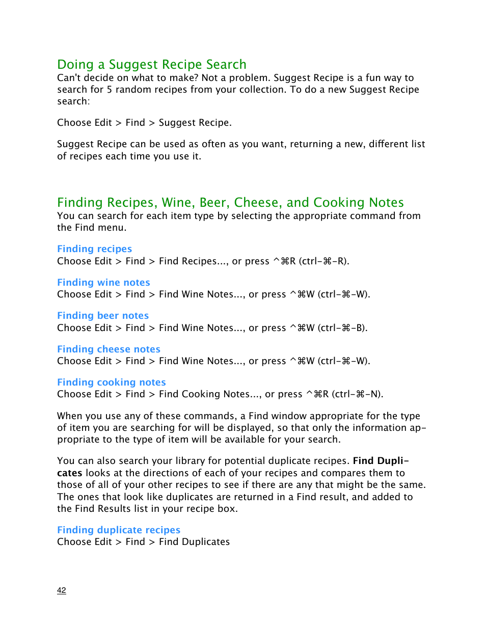 Doing a suggest recipe search, Finding recipes, Finding wine notes | Finding beer notes, Finding cheese notes, Finding cooking notes, Finding duplicate recipes | Mariner Software MacGourmet Deluxe User Manual | Page 42 / 97