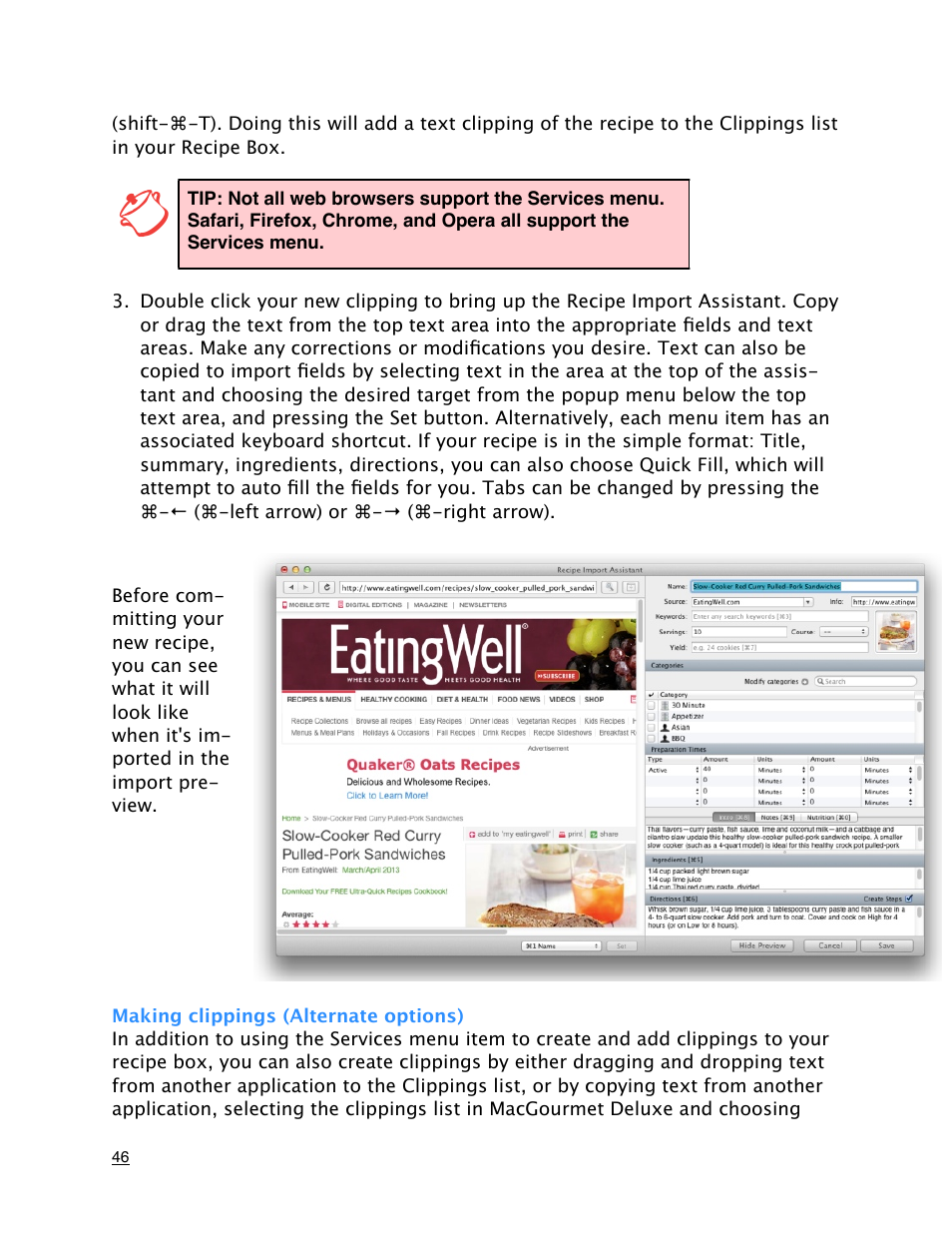 Making clippings (alternate options) | Mariner Software MacGourmet Deluxe User Manual | Page 46 / 97