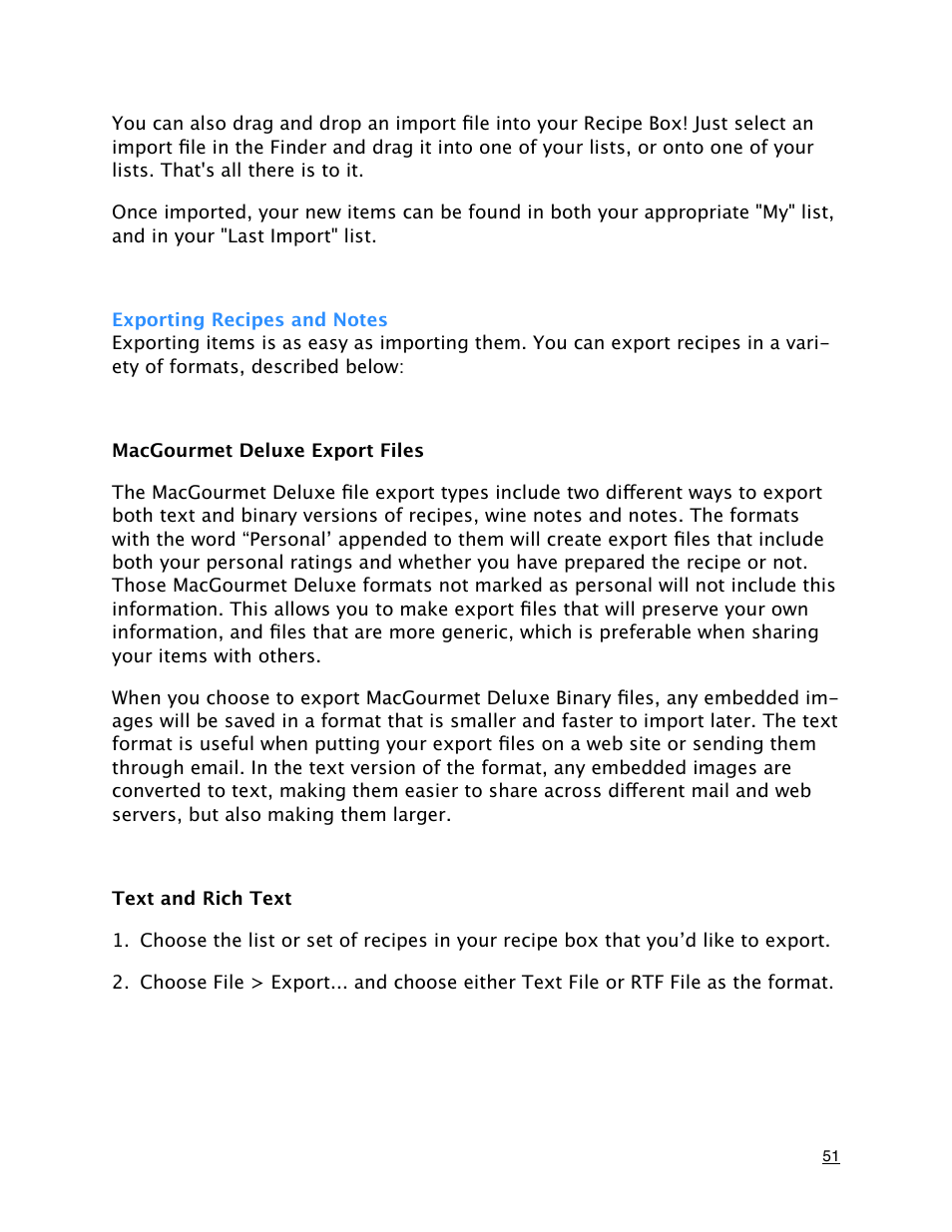 Exporting recipes and notes | Mariner Software MacGourmet Deluxe User Manual | Page 51 / 97