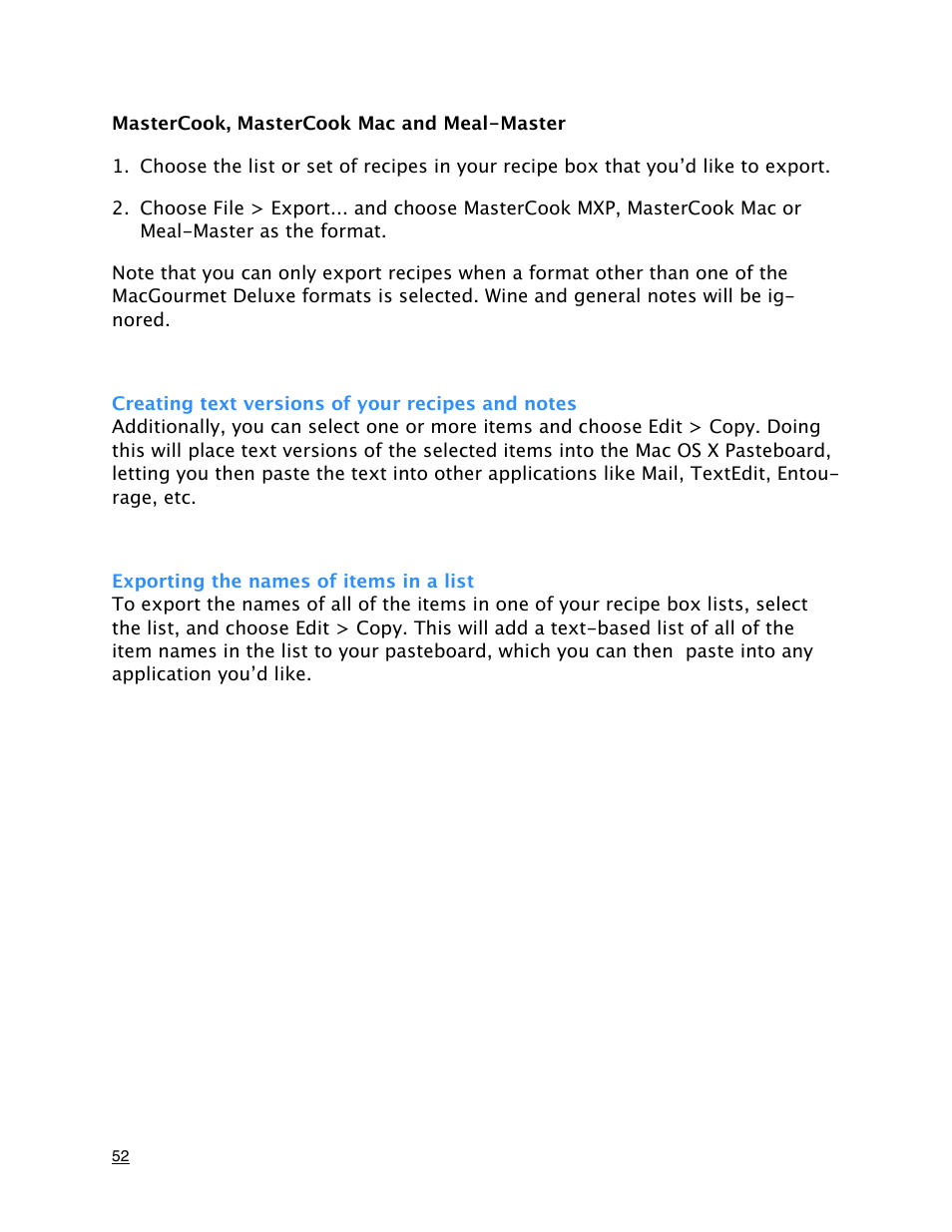 Creating text versions of your recipes and notes, Exporting the names of items in a list | Mariner Software MacGourmet Deluxe User Manual | Page 52 / 97