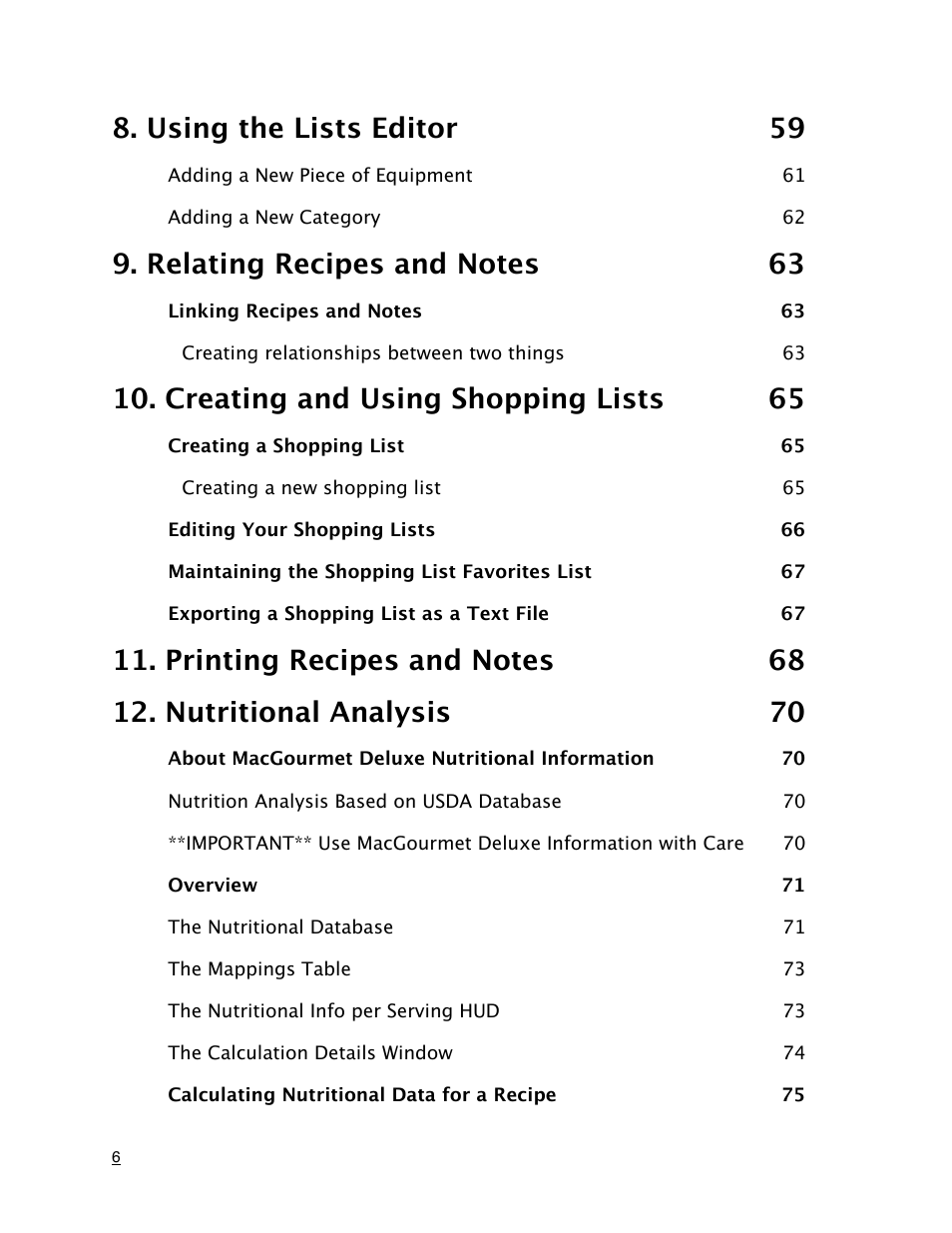 Using the lists editor 59, Creating and using shopping lists 65 | Mariner Software MacGourmet Deluxe User Manual | Page 6 / 97