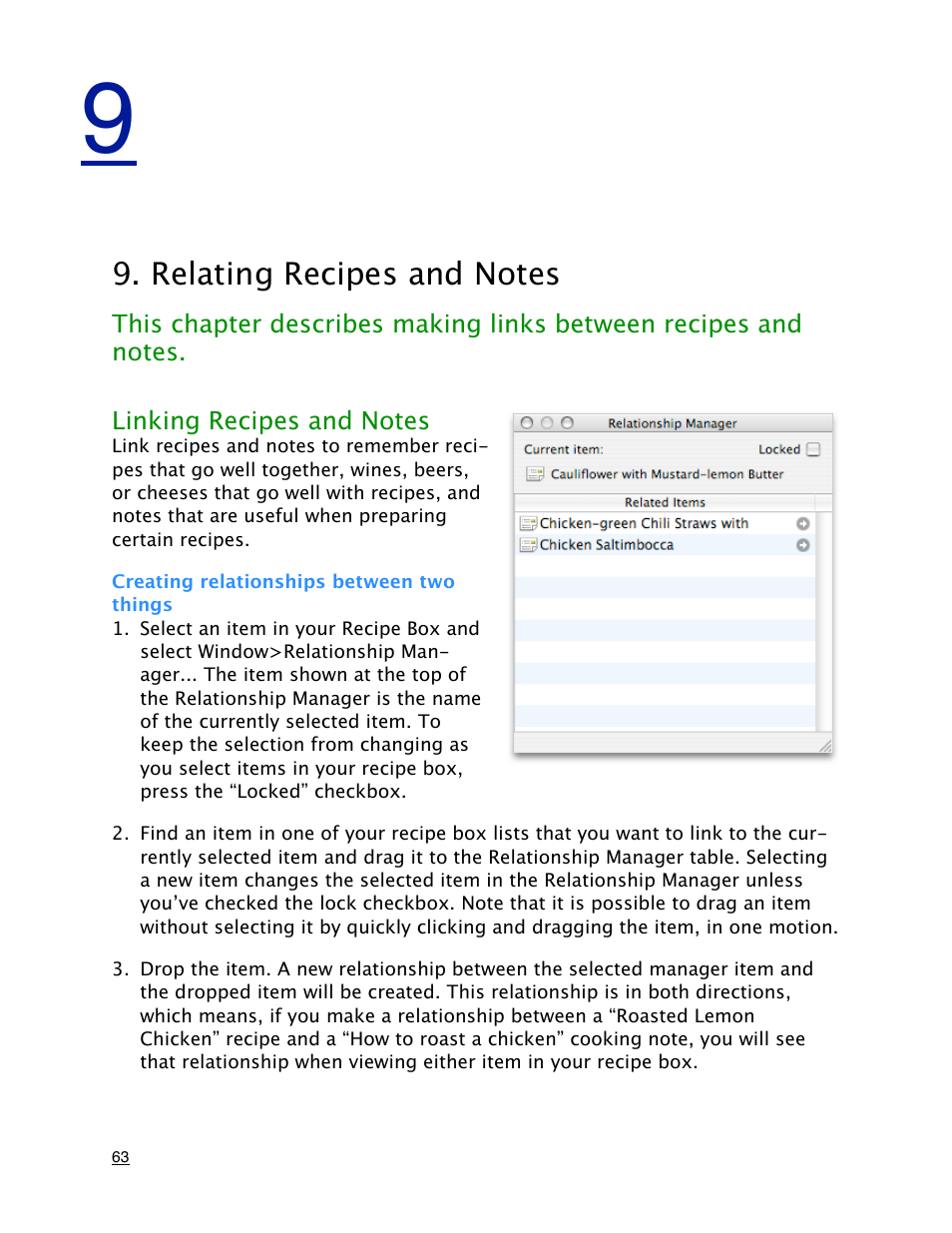 Relating recipes and notes, Linking recipes and notes, Creating relationships between two things | Mariner Software MacGourmet Deluxe User Manual | Page 63 / 97