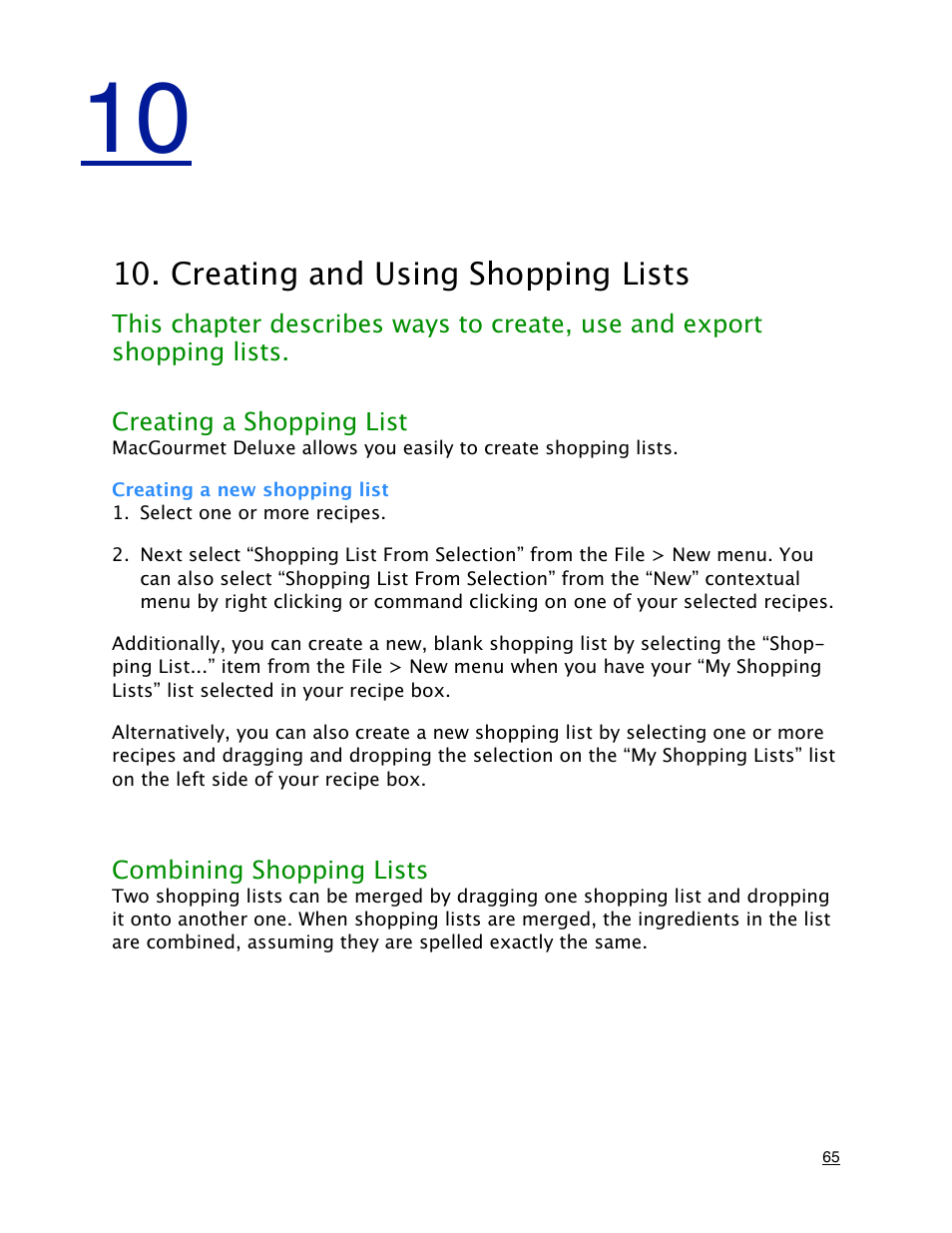 Creating and using shopping lists, Creating a shopping list, Creating a new shopping list | Mariner Software MacGourmet Deluxe User Manual | Page 65 / 97