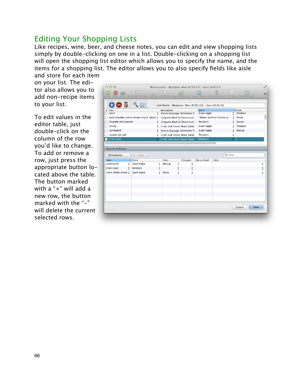 Editing your shopping lists | Mariner Software MacGourmet Deluxe User Manual | Page 66 / 97
