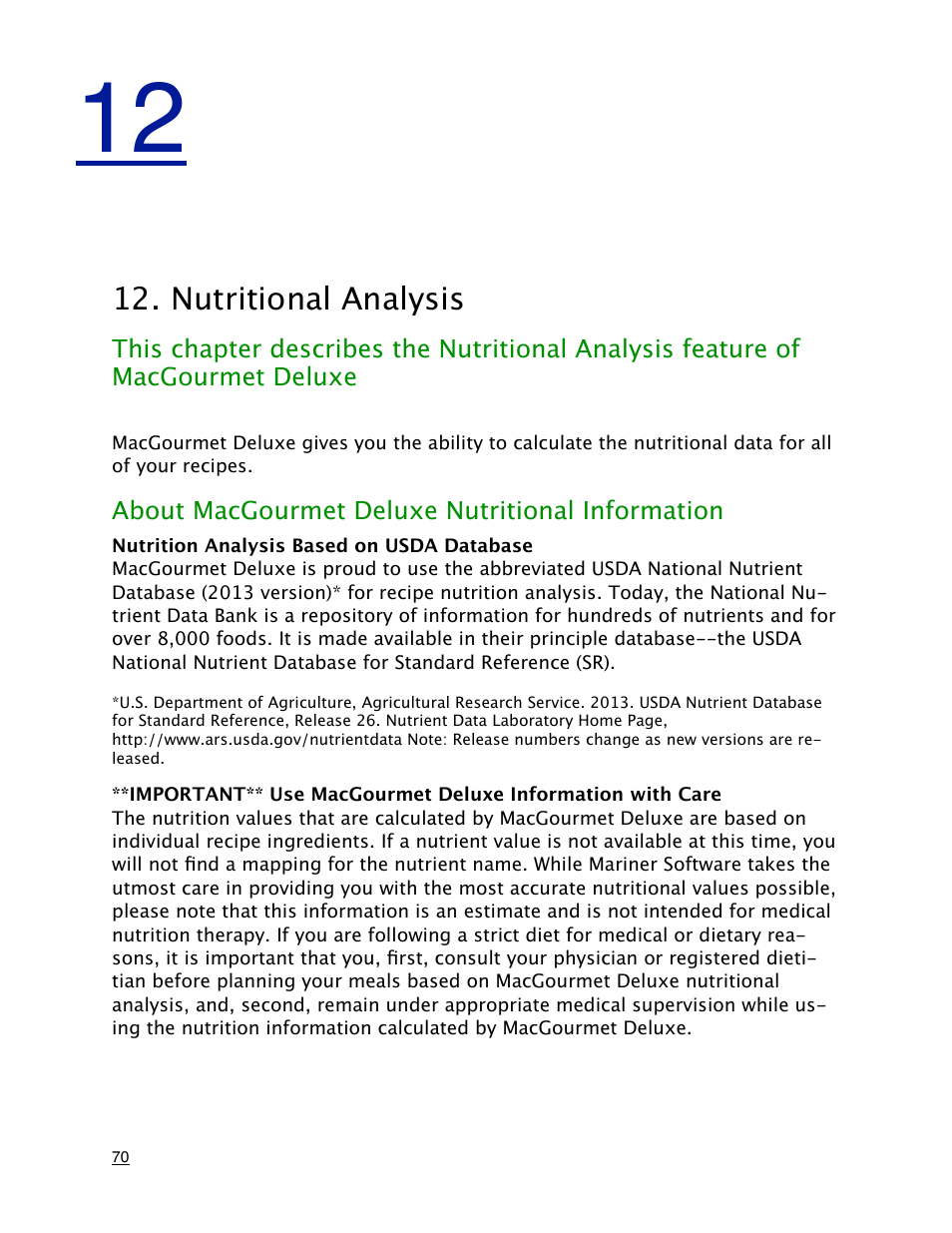 Nutritional analysis, About macgourmet deluxe nutritional information, Nutrition analysis based on usda database | Mariner Software MacGourmet Deluxe User Manual | Page 70 / 97