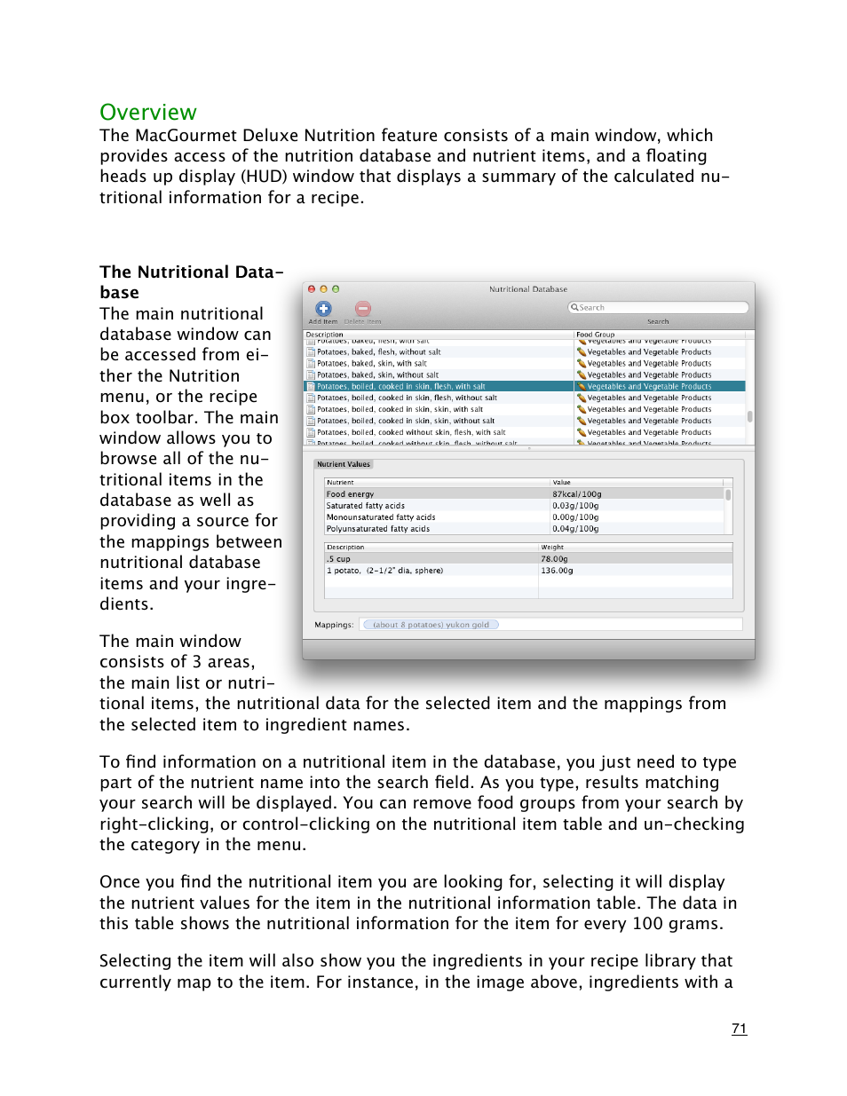 Overview, The nutritional database | Mariner Software MacGourmet Deluxe User Manual | Page 71 / 97