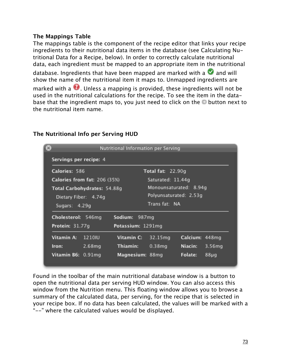 The mappings table, The nutritional info per serving hud | Mariner Software MacGourmet Deluxe User Manual | Page 73 / 97