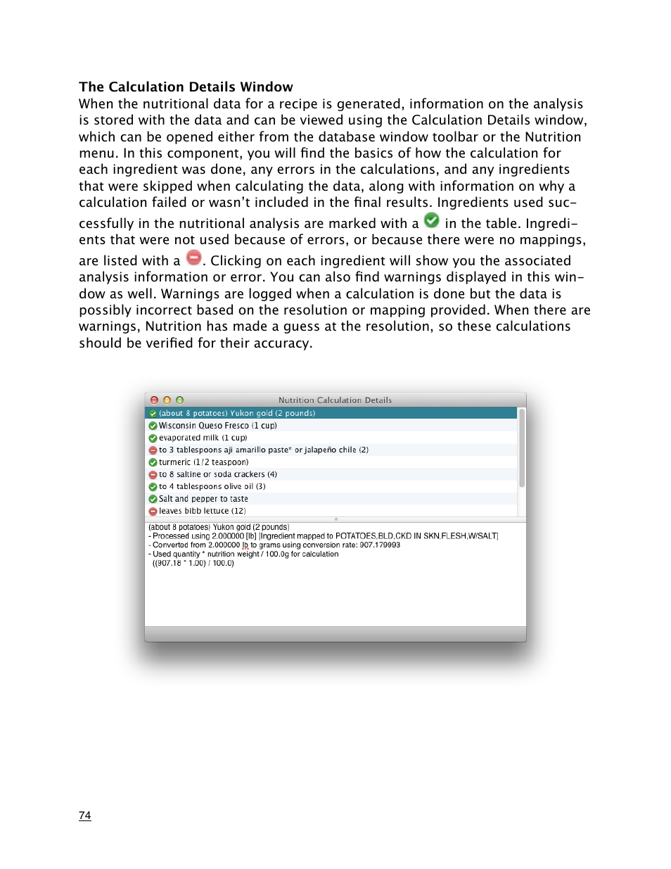 The calculation details window | Mariner Software MacGourmet Deluxe User Manual | Page 74 / 97