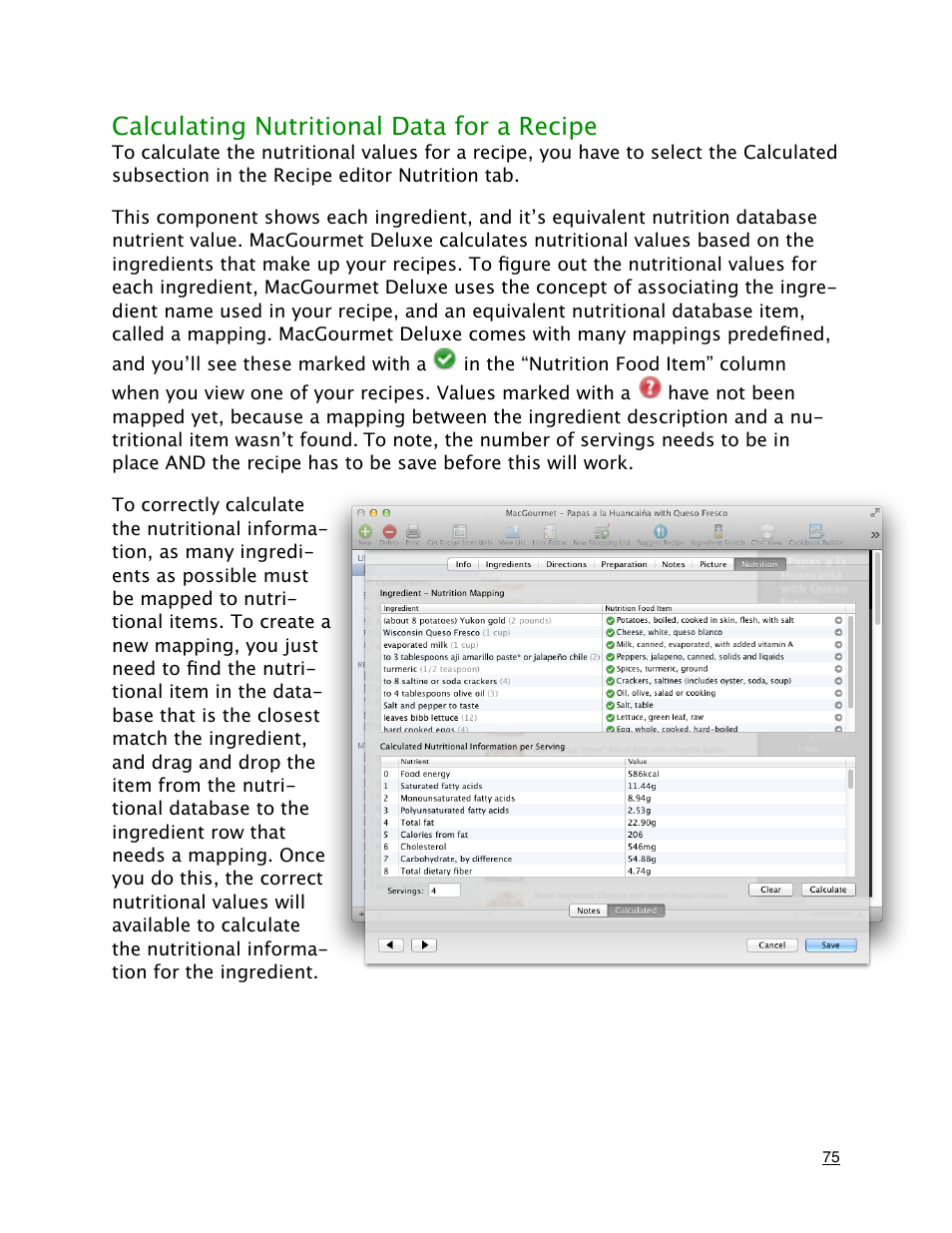 Calculating nutritional data for a recipe | Mariner Software MacGourmet Deluxe User Manual | Page 75 / 97
