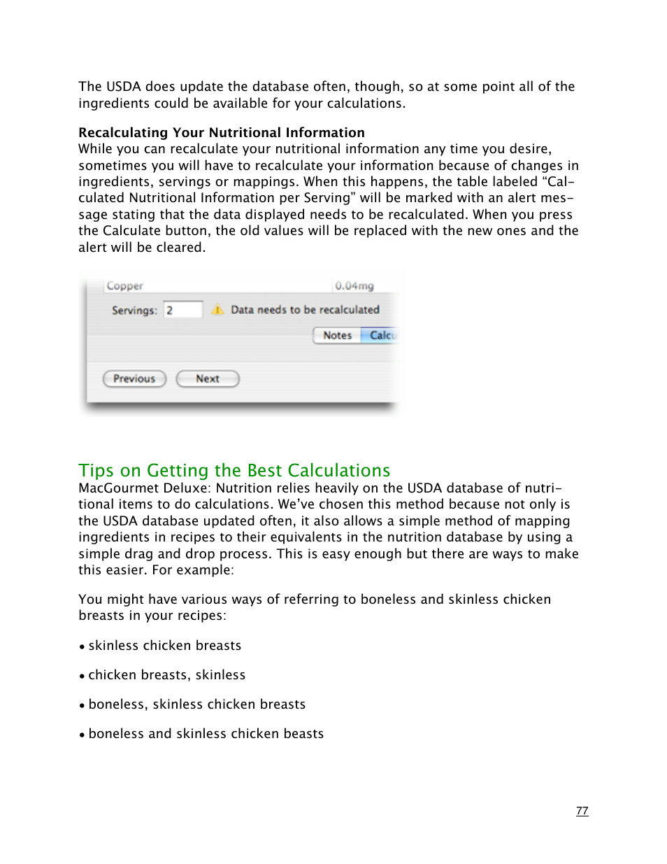 Recalculating your nutritional information, Tips on getting the best calculations | Mariner Software MacGourmet Deluxe User Manual | Page 77 / 97
