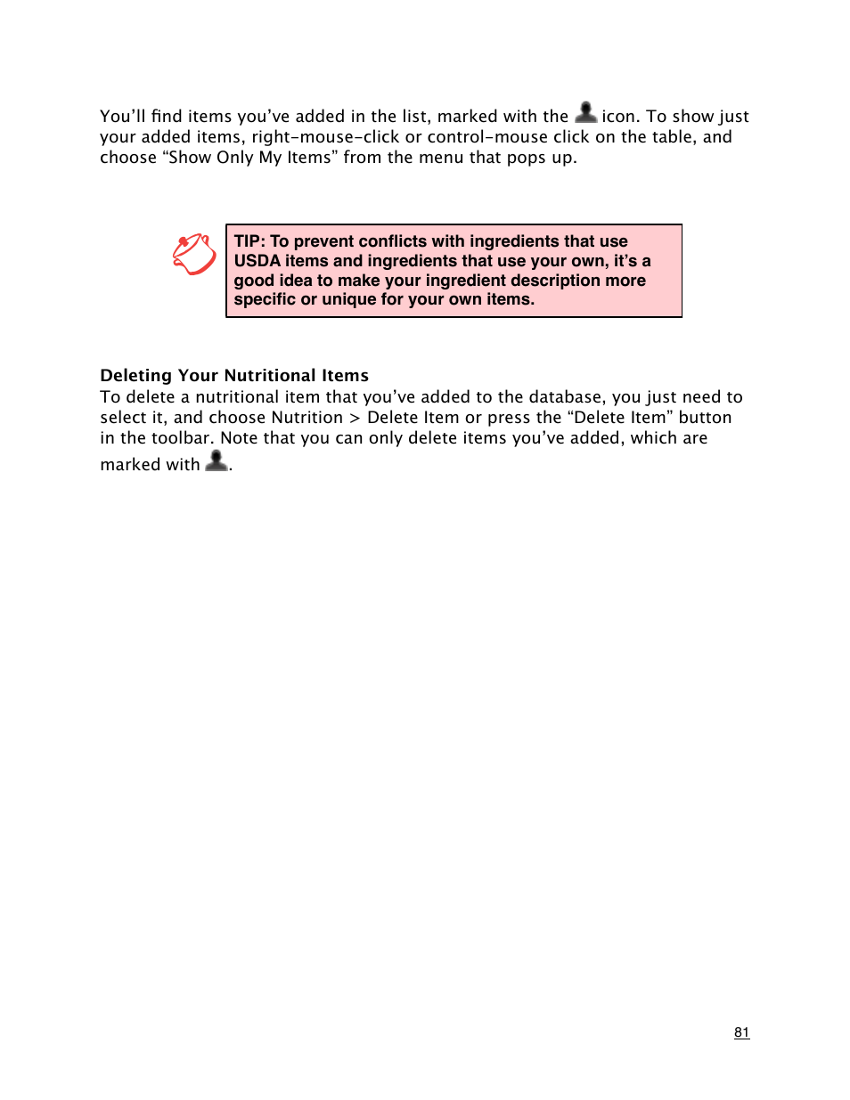 Deleting your nutritional items | Mariner Software MacGourmet Deluxe User Manual | Page 81 / 97