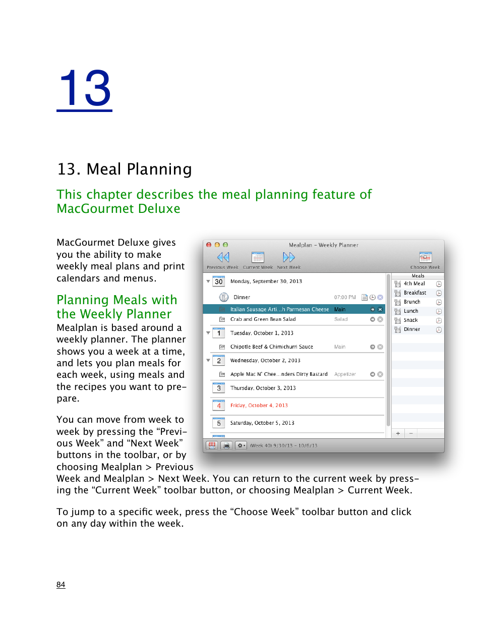 Meal planning, Planning meals with the weekly planner | Mariner Software MacGourmet Deluxe User Manual | Page 84 / 97