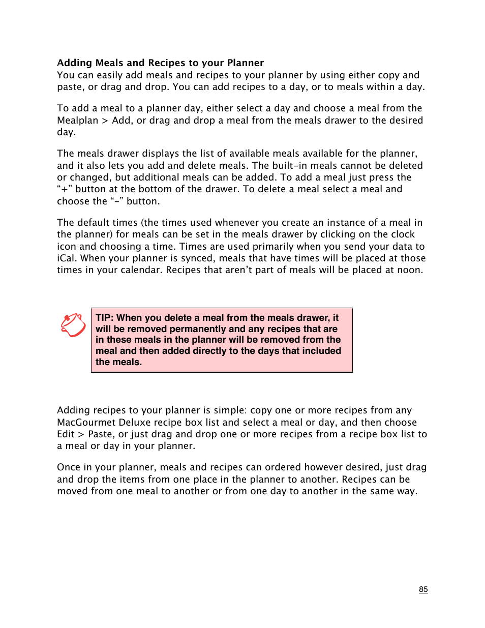 Adding meals and recipes to your planner | Mariner Software MacGourmet Deluxe User Manual | Page 85 / 97