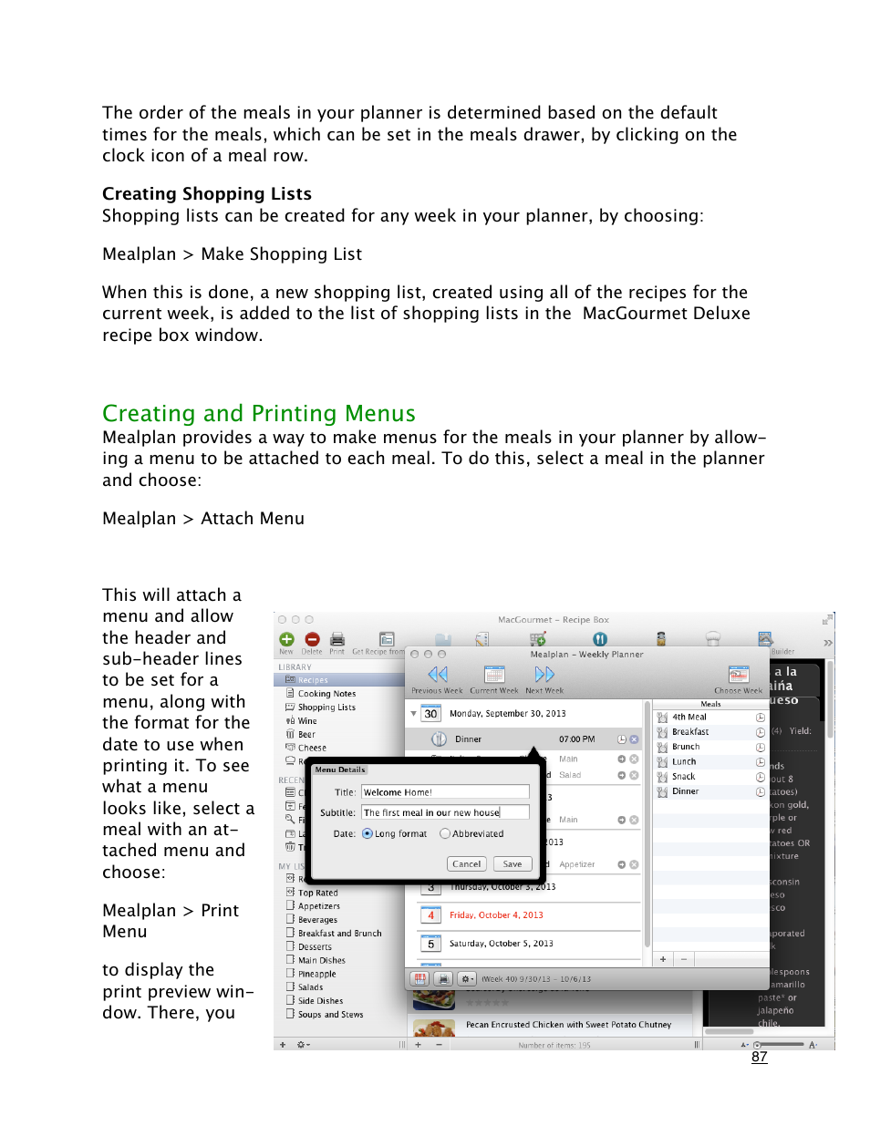 Creating shopping lists, Creating and printing menus | Mariner Software MacGourmet Deluxe User Manual | Page 87 / 97