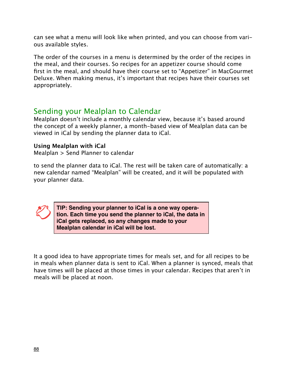 Sending your mealplan to calendar, Using mealplan with ical | Mariner Software MacGourmet Deluxe User Manual | Page 88 / 97
