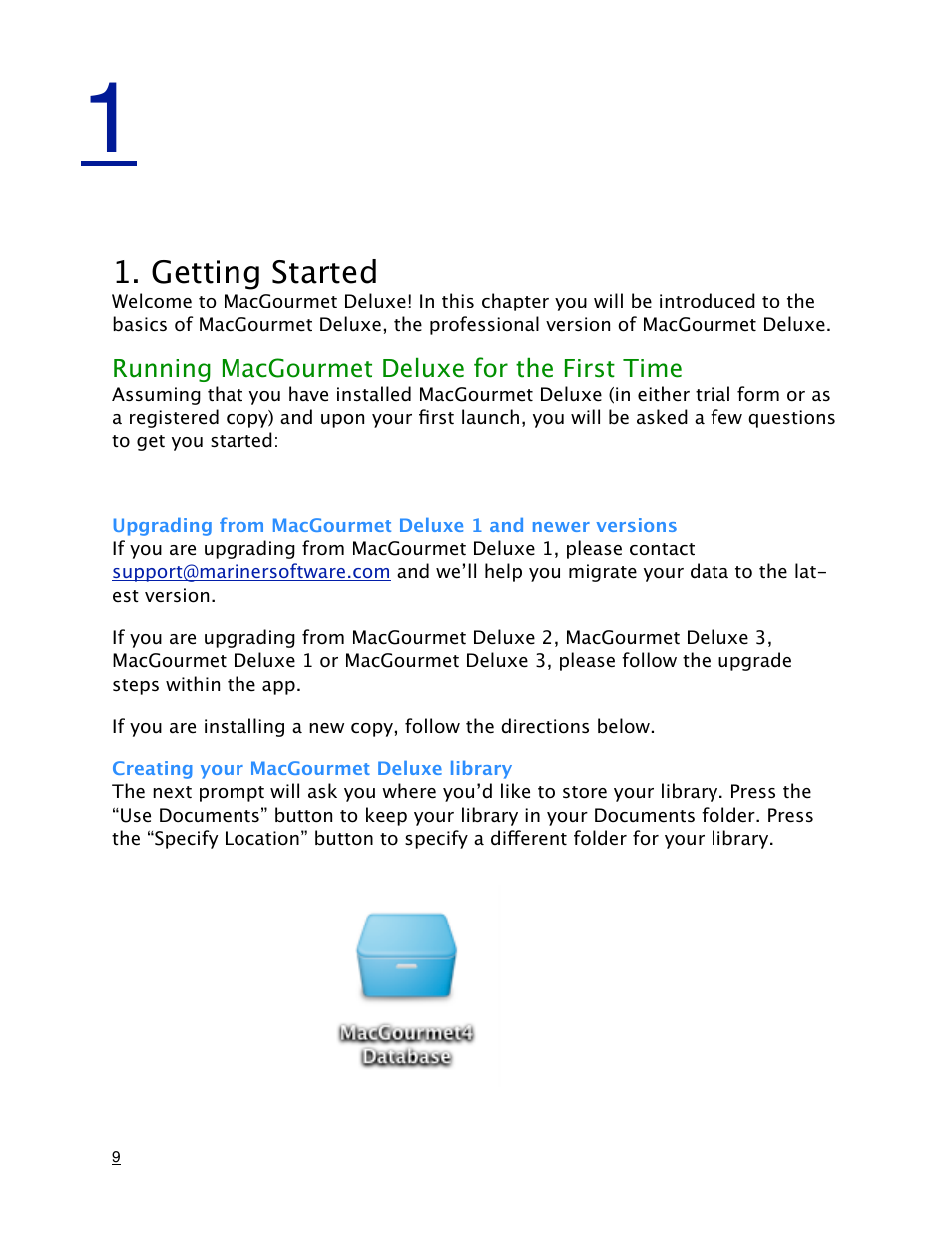 Getting started, Creating your macgourmet deluxe library | Mariner Software MacGourmet Deluxe User Manual | Page 9 / 97