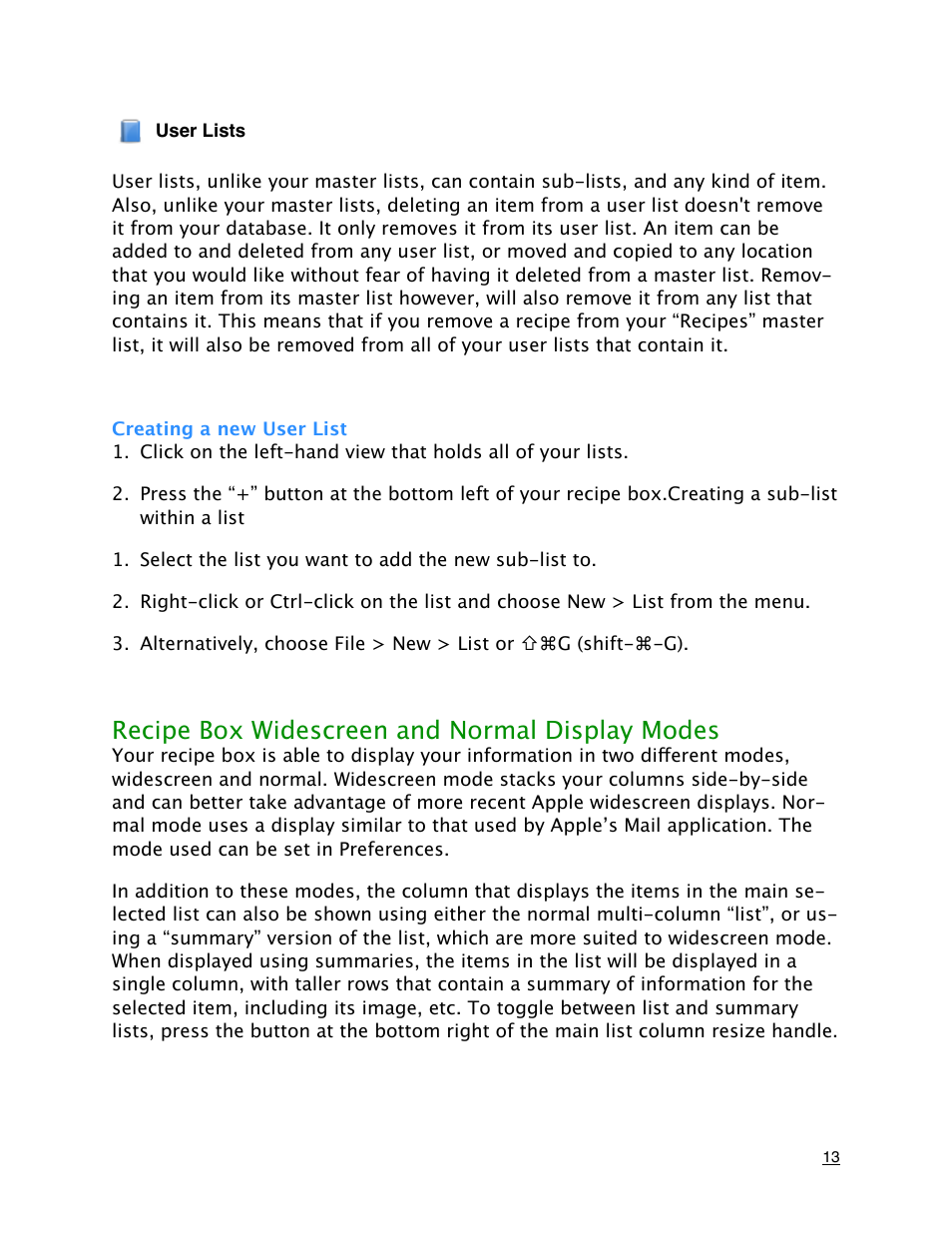 Creating a new user list, Recipe box widescreen and normal display modes | Mariner Software MacGourmet User Manual | Page 13 / 67