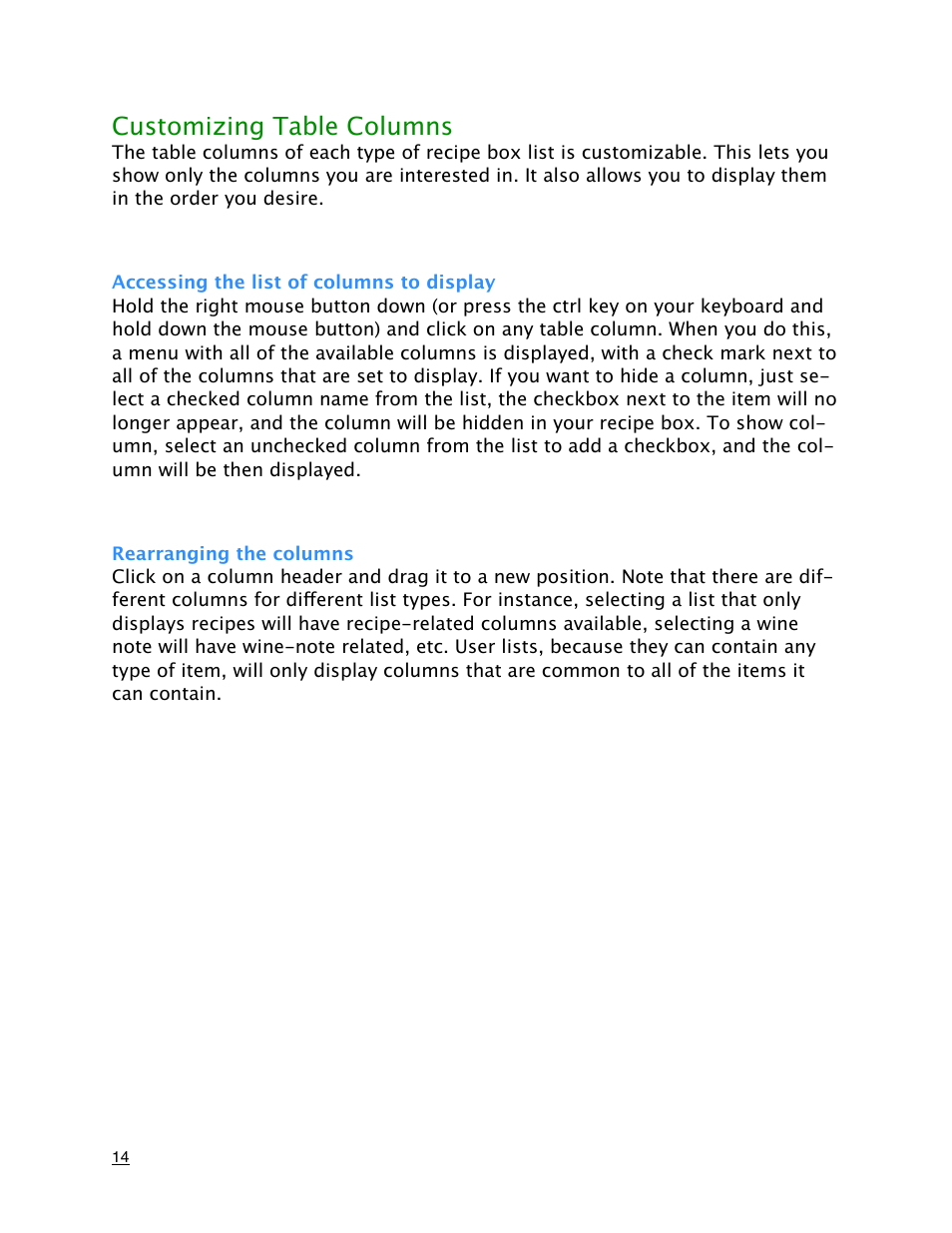 Customizing table columns, Accessing the list of columns to display, Rearranging the columns | Mariner Software MacGourmet User Manual | Page 14 / 67