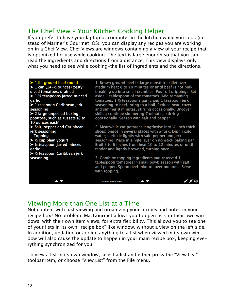 The chef view - your kitchen cooking helper, Viewing more than one list at a time | Mariner Software MacGourmet User Manual | Page 16 / 67