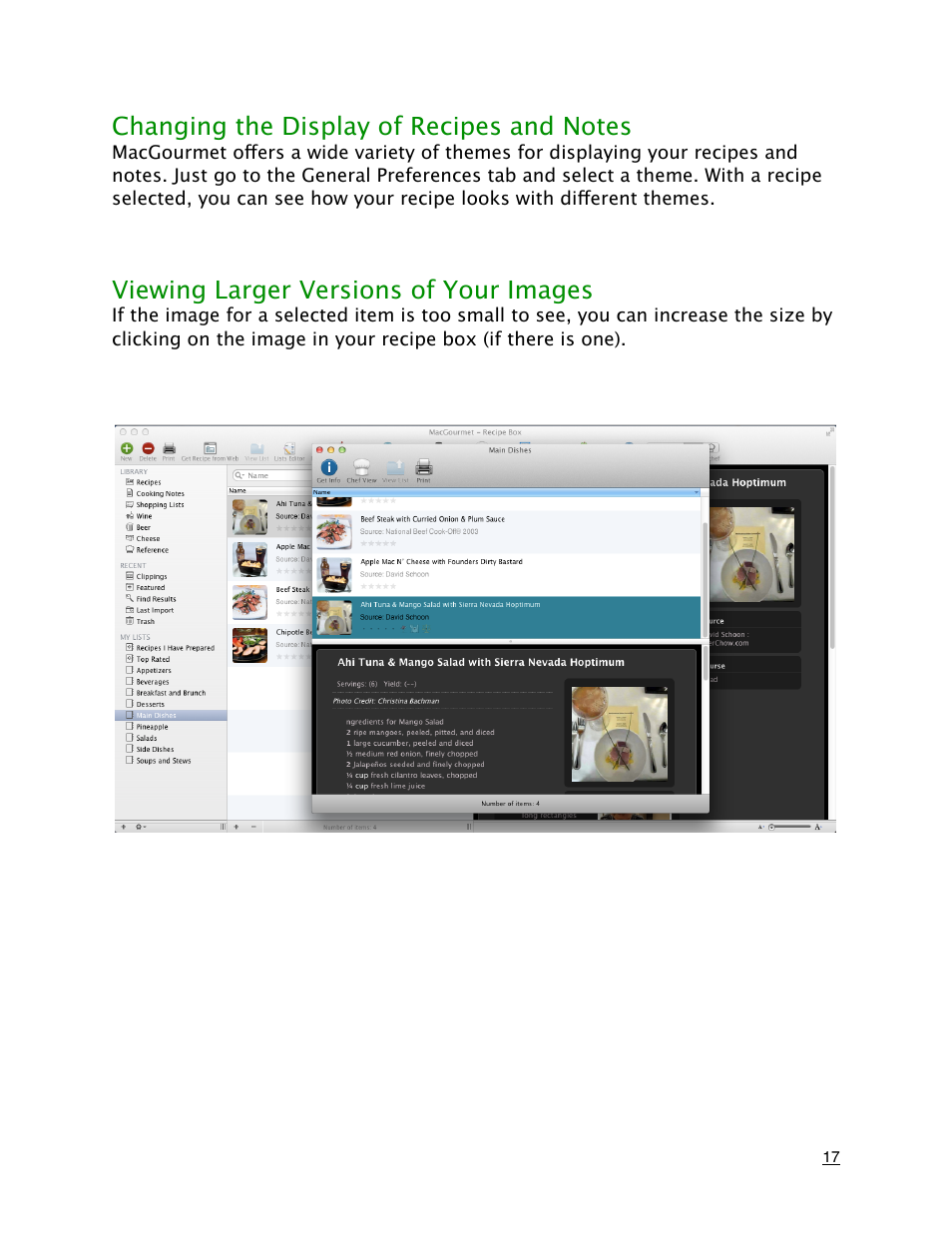 Changing the display of recipes and notes, Viewing larger versions of your images | Mariner Software MacGourmet User Manual | Page 17 / 67