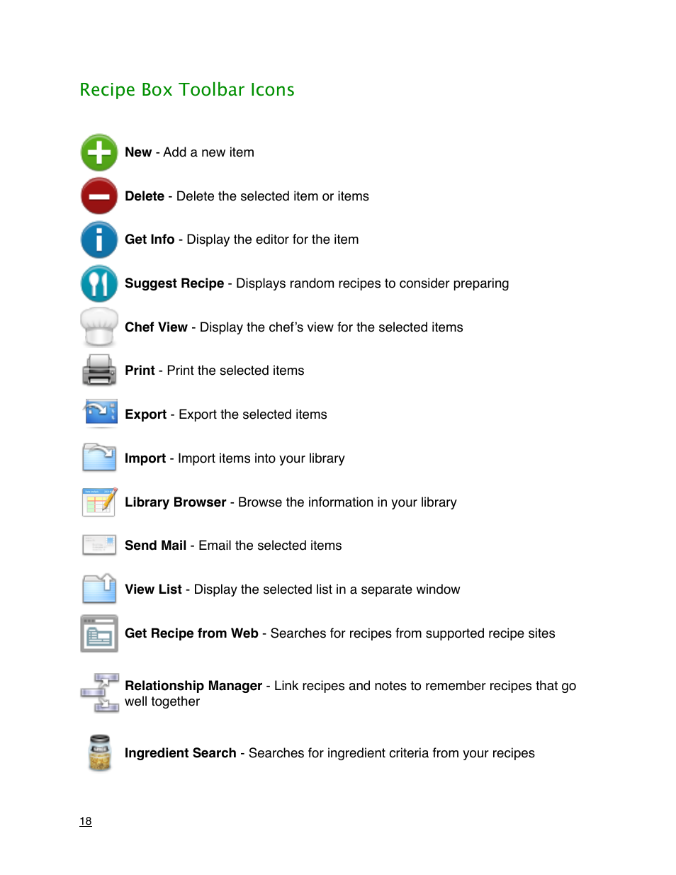 Recipe box toolbar icons | Mariner Software MacGourmet User Manual | Page 18 / 67