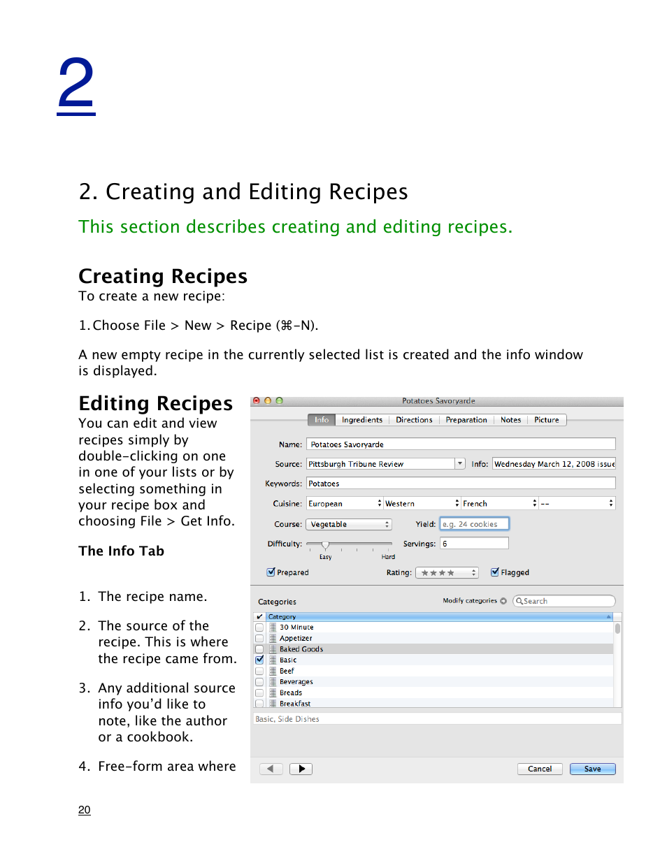 Creating and editing recipes, Creating recipes, Editing recipes | The info tab | Mariner Software MacGourmet User Manual | Page 20 / 67