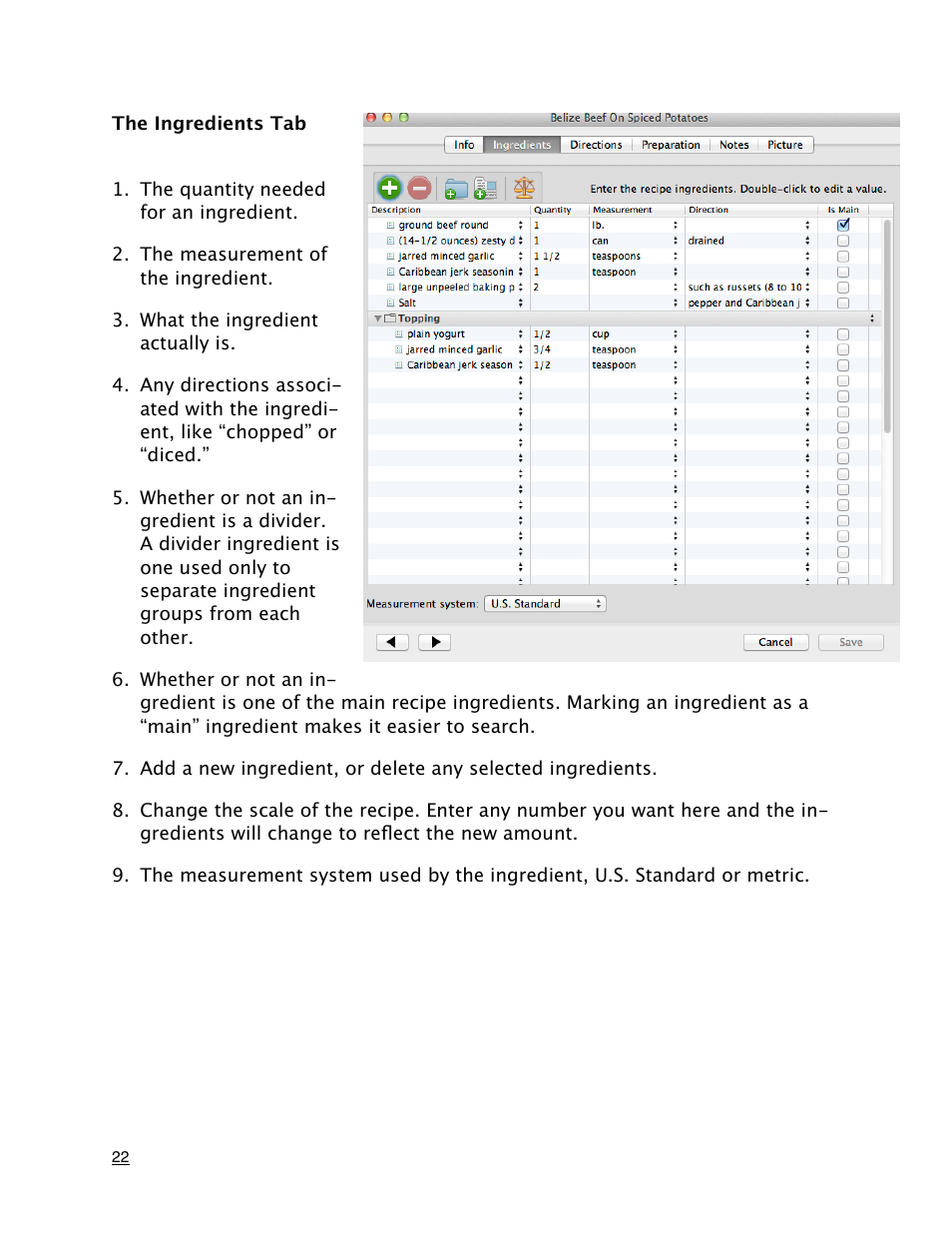 The ingredients tab | Mariner Software MacGourmet User Manual | Page 22 / 67