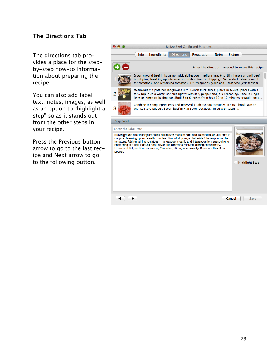 The directions tab | Mariner Software MacGourmet User Manual | Page 23 / 67