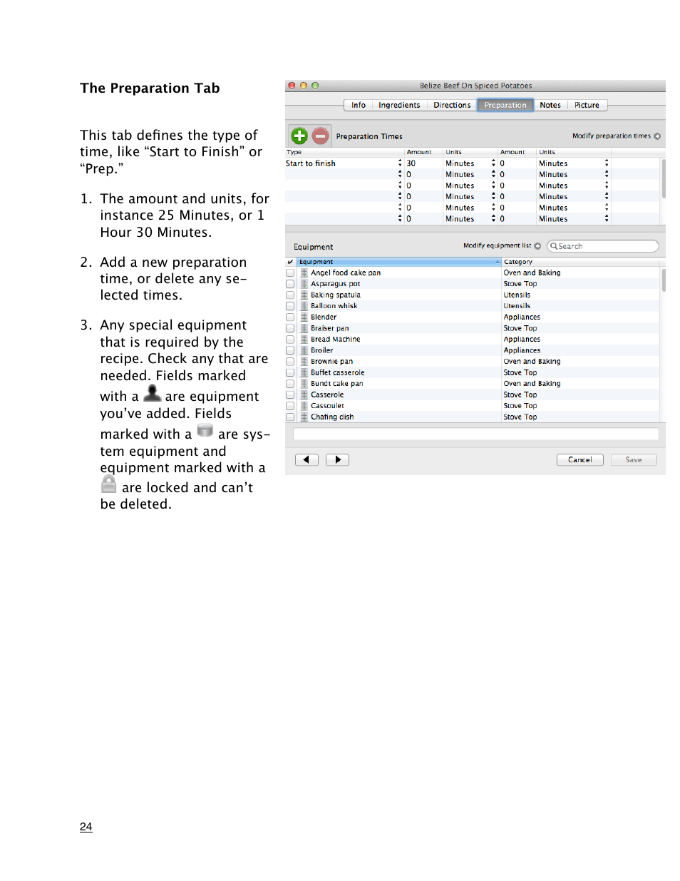The preparation tab | Mariner Software MacGourmet User Manual | Page 24 / 67