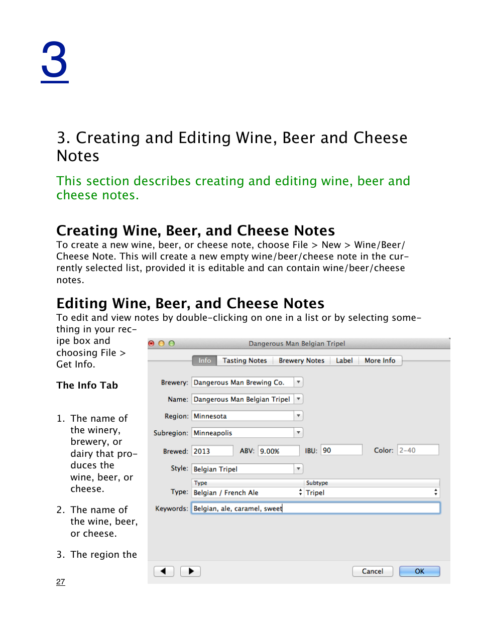 Creating and editing wine, beer and cheese, Notes, Creating wine, beer, and cheese notes | Editing wine, beer, and cheese notes, The info tab | Mariner Software MacGourmet User Manual | Page 27 / 67