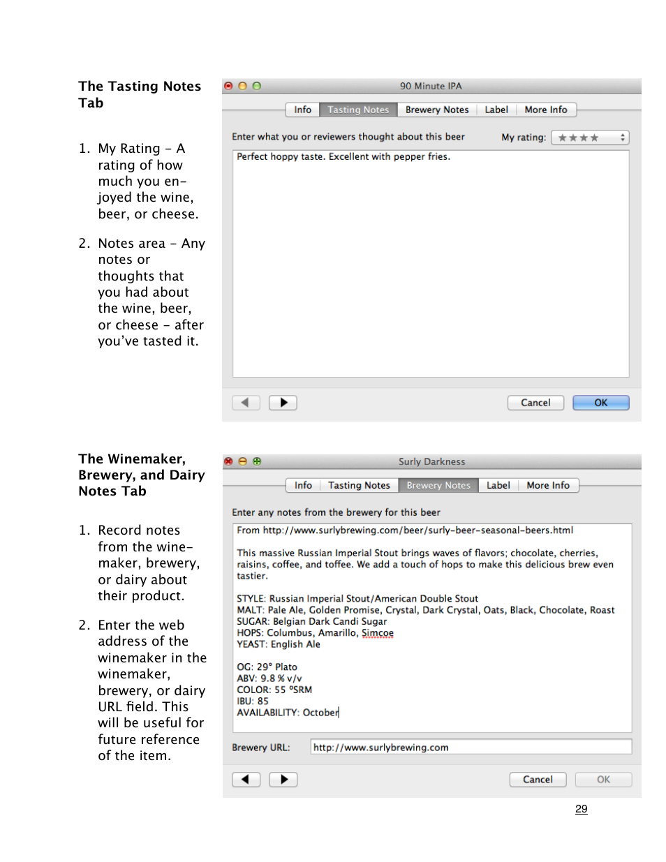 The tasting notes tab, The winemaker, brewery, and dairy notes tab | Mariner Software MacGourmet User Manual | Page 29 / 67