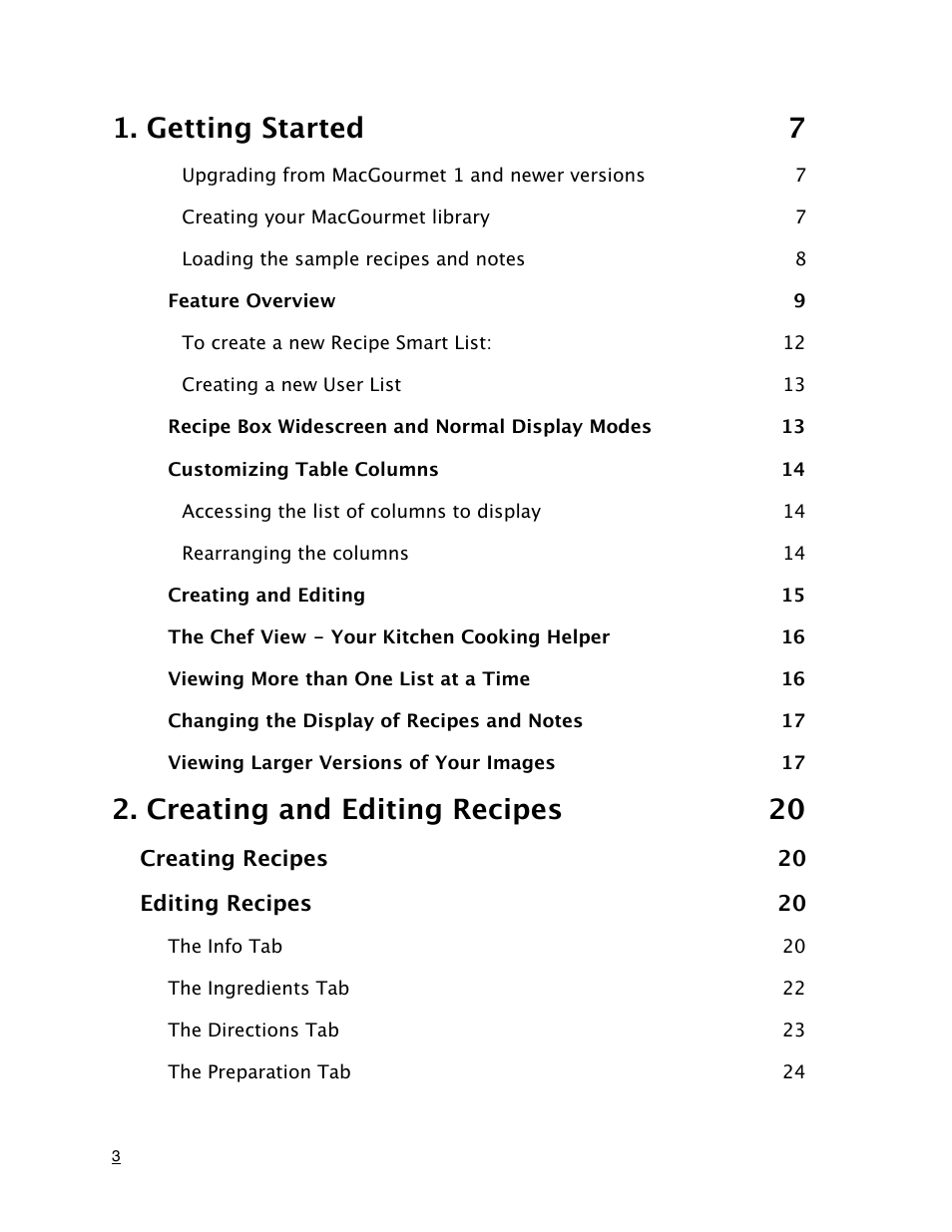 Getting started 7, Creating and editing recipes 20 | Mariner Software MacGourmet User Manual | Page 3 / 67