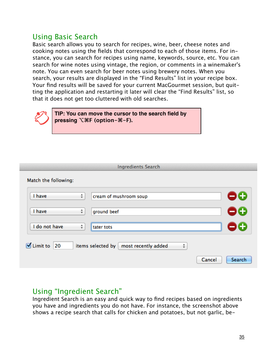Using basic search, Using “ingredient search | Mariner Software MacGourmet User Manual | Page 35 / 67