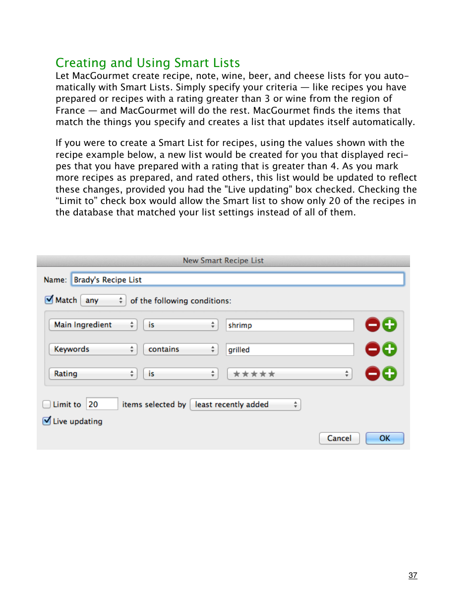 Creating and using smart lists | Mariner Software MacGourmet User Manual | Page 37 / 67