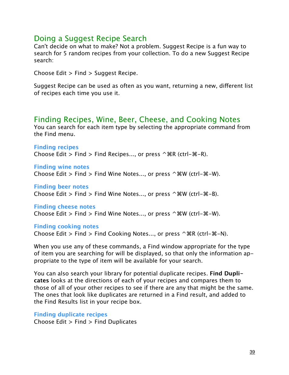 Doing a suggest recipe search, Finding recipes, Finding wine notes | Finding beer notes, Finding cheese notes, Finding cooking notes, Finding duplicate recipes | Mariner Software MacGourmet User Manual | Page 39 / 67