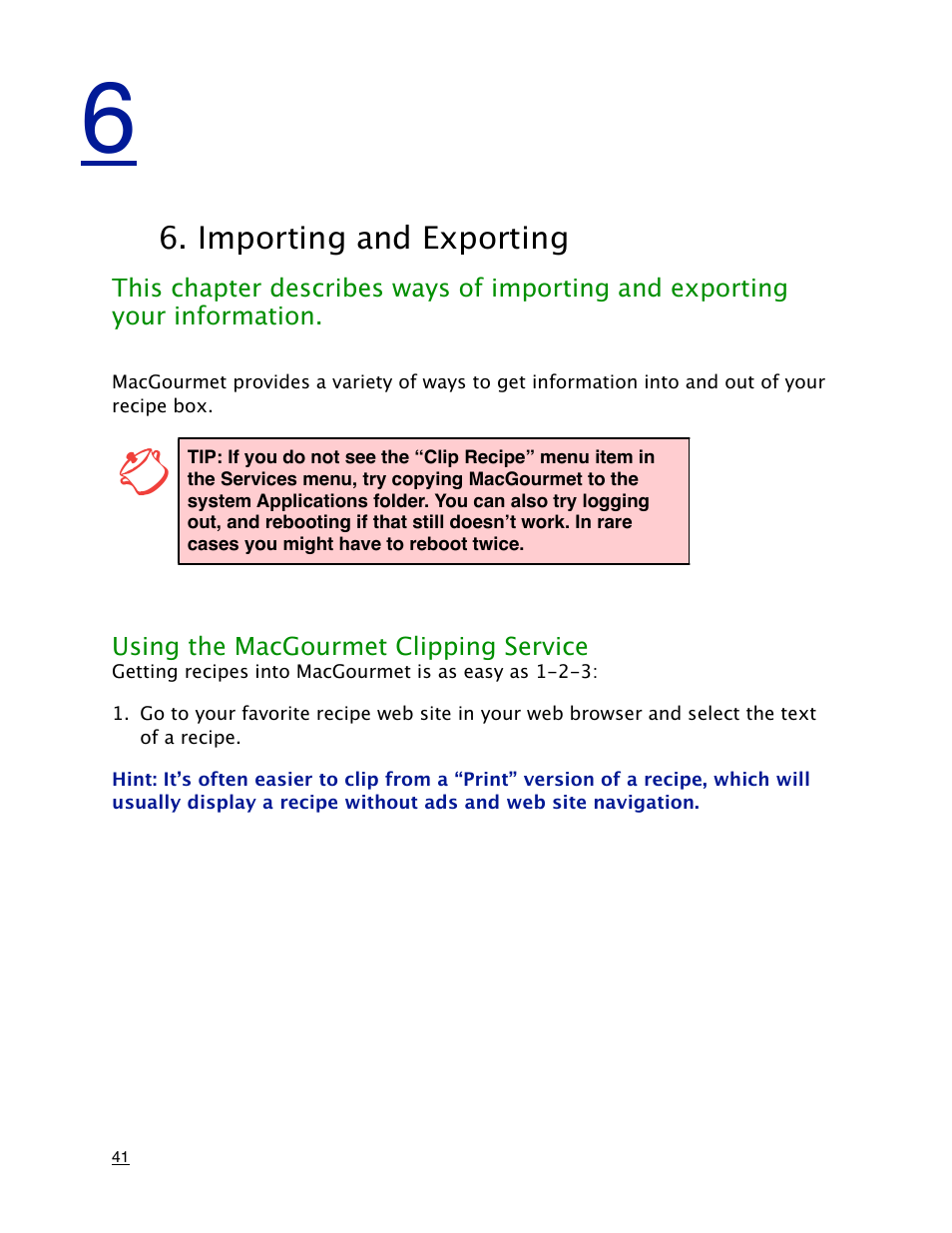 Importing and exporting, Using the macgourmet clipping service | Mariner Software MacGourmet User Manual | Page 41 / 67