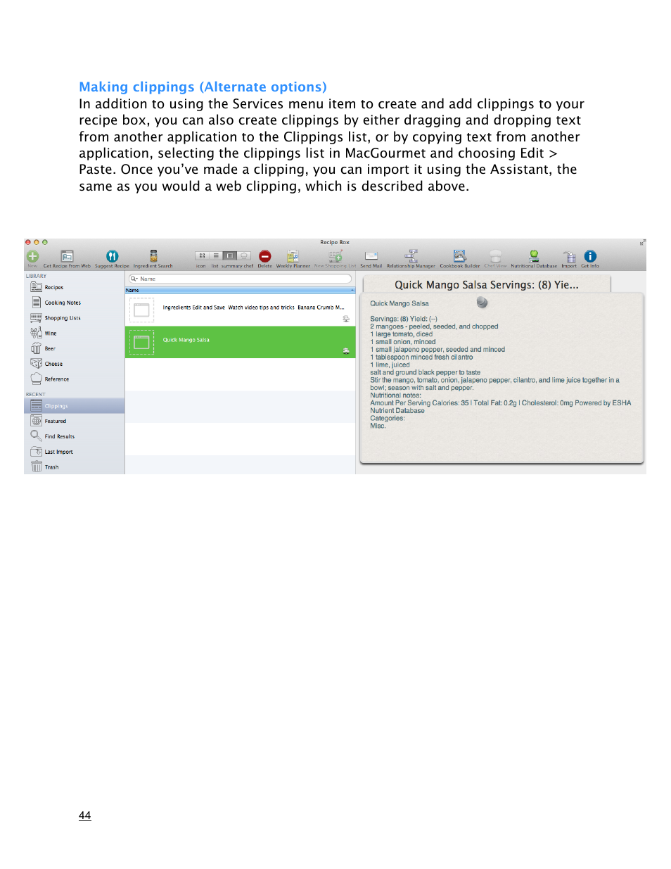 Making clippings (alternate options) | Mariner Software MacGourmet User Manual | Page 44 / 67