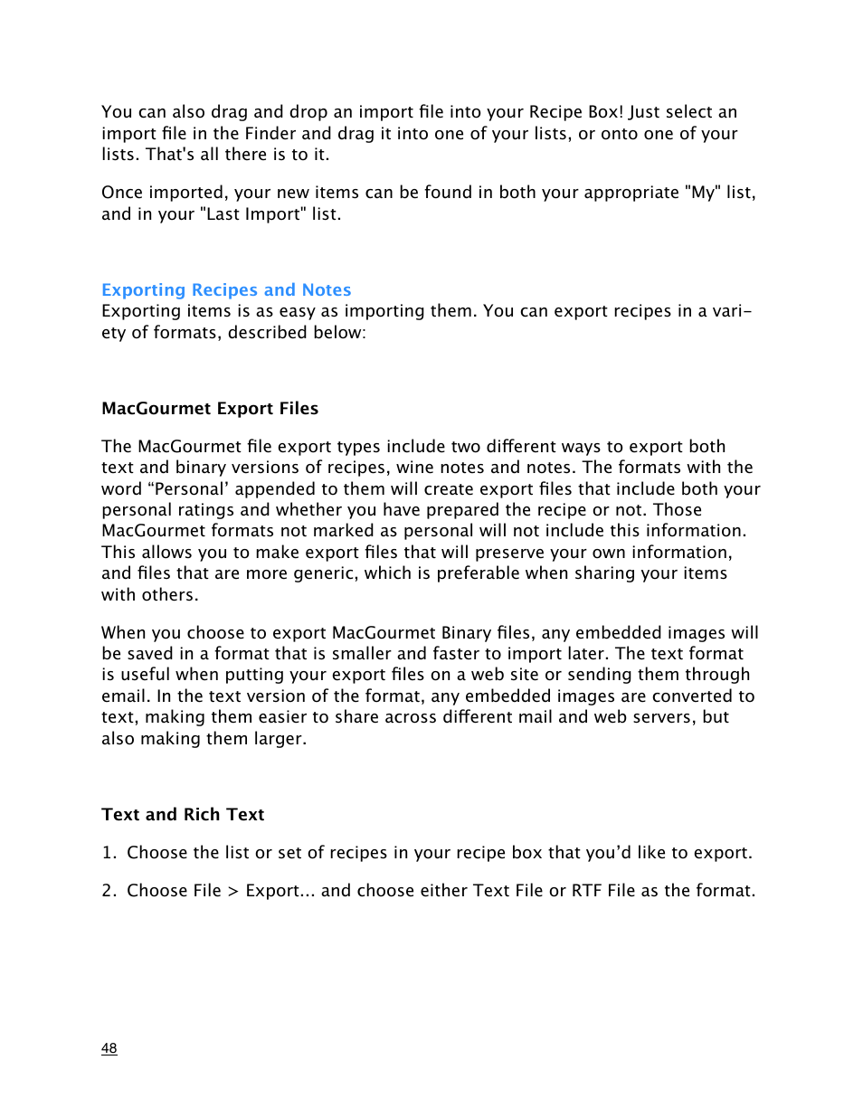 Exporting recipes and notes | Mariner Software MacGourmet User Manual | Page 48 / 67