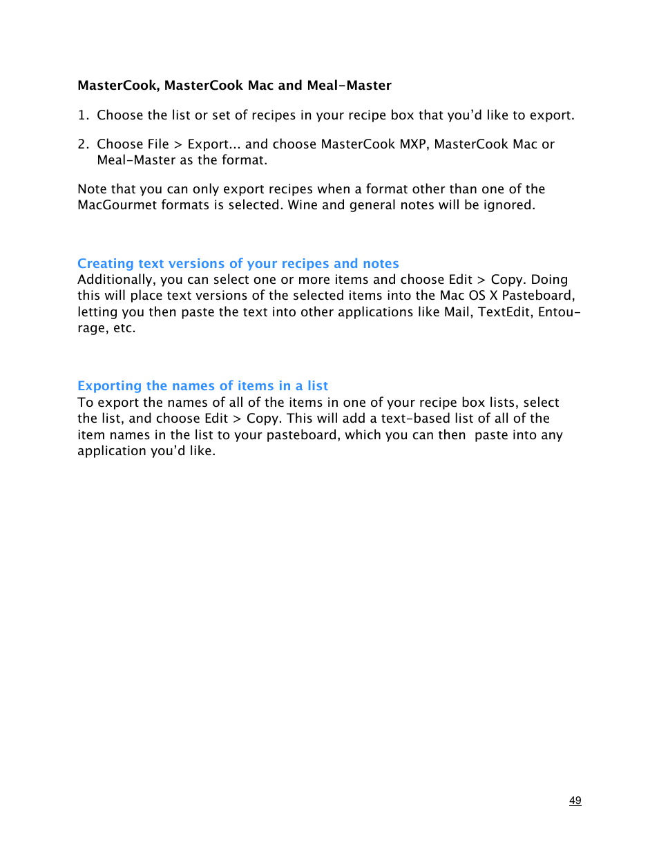 Creating text versions of your recipes and notes, Exporting the names of items in a list | Mariner Software MacGourmet User Manual | Page 49 / 67